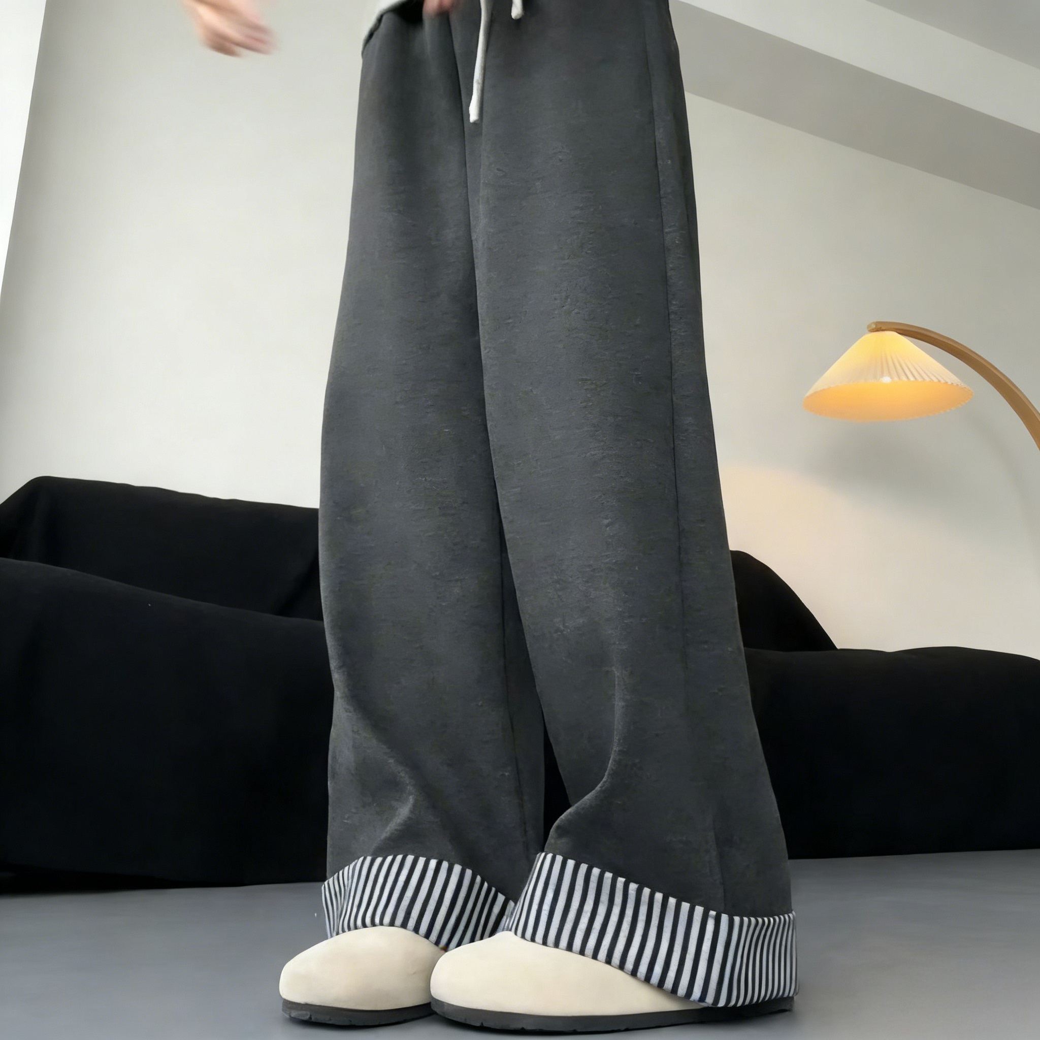 日系復古少女感休閒高腰垂感毛呢不起球闊腿長褲