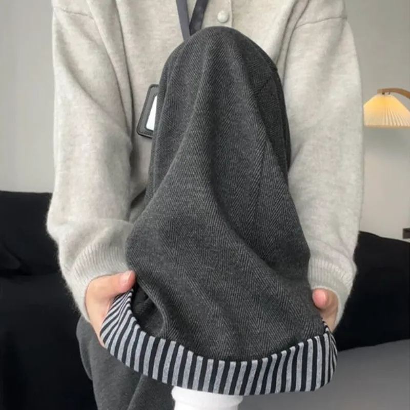 日系復古少女感休閒高腰垂感毛呢不起球闊腿長褲