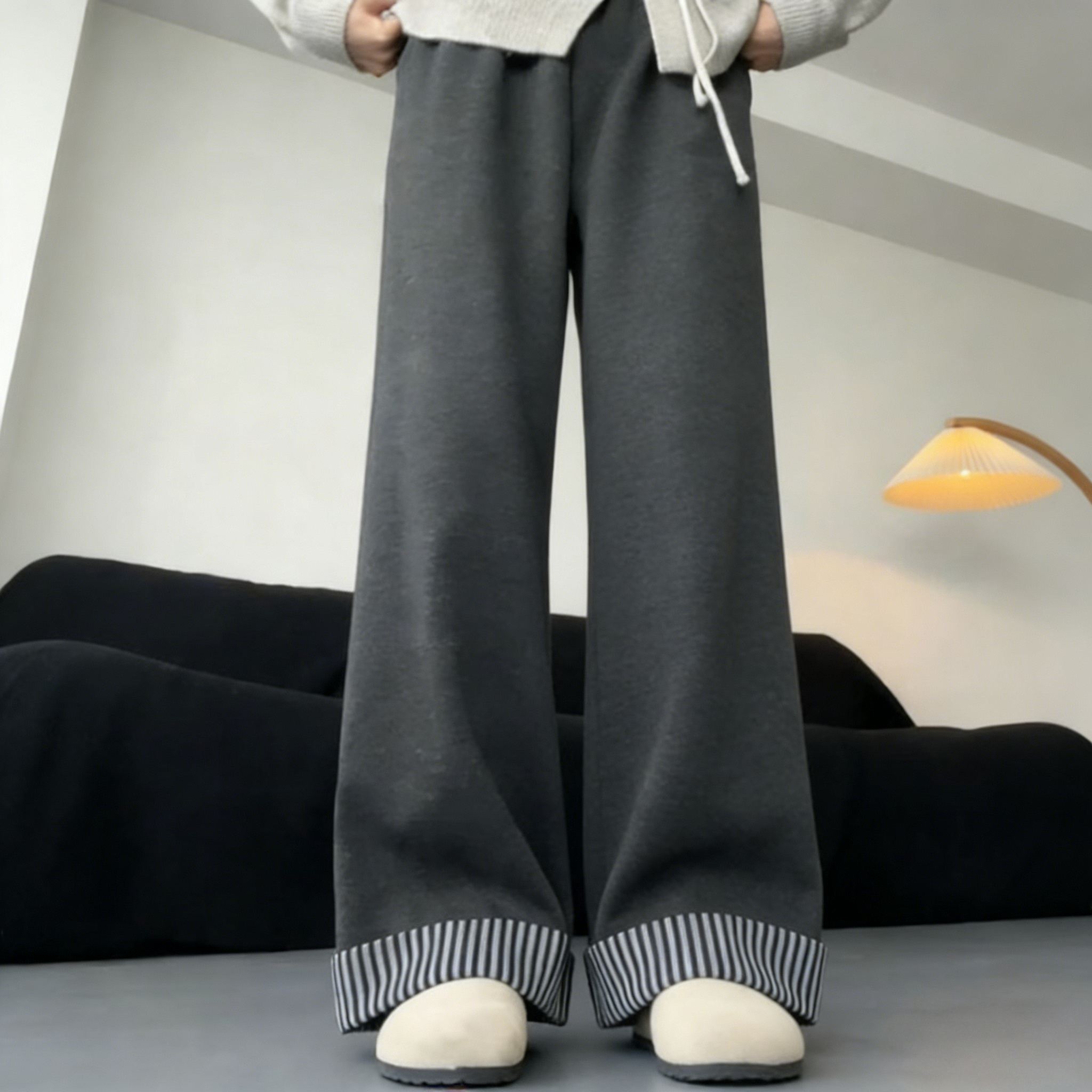 日系復古少女感休閒高腰垂感毛呢不起球闊腿長褲