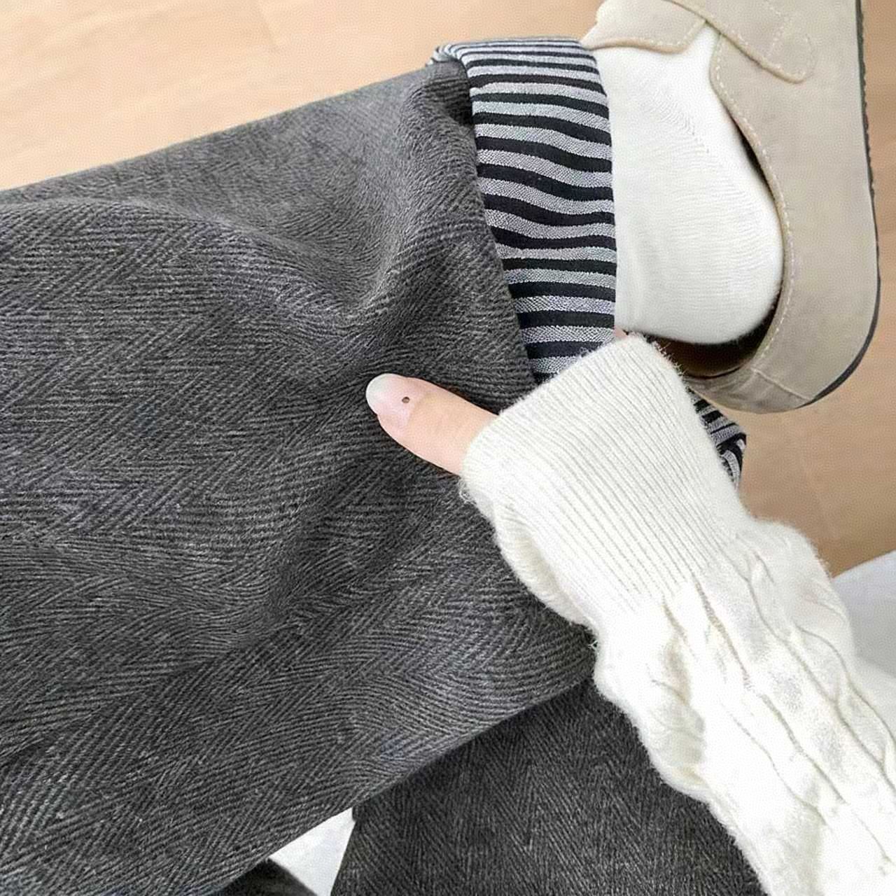 日系復古少女感休閒高腰垂感毛呢不起球闊腿長褲