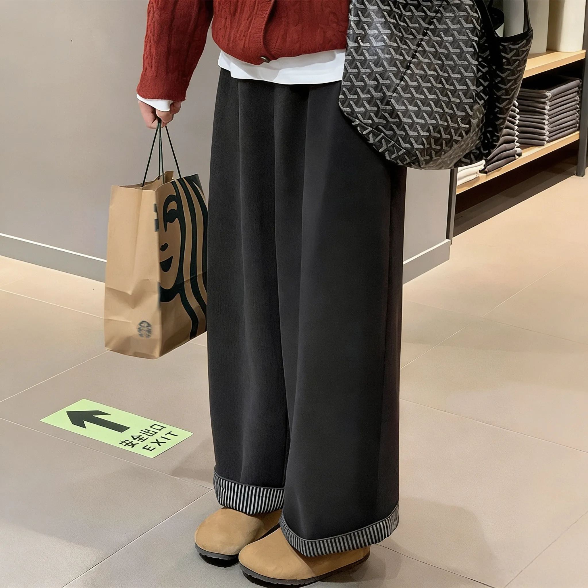 日系復古少女感休閒高腰垂感毛呢不起球闊腿長褲