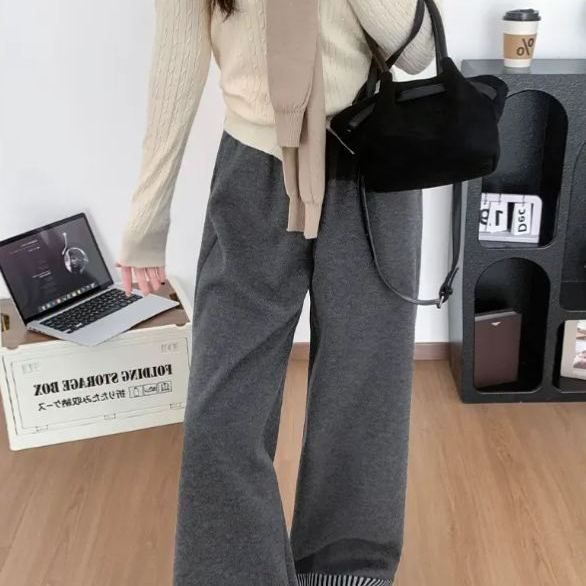 日系復古少女感休閒高腰垂感毛呢不起球闊腿長褲