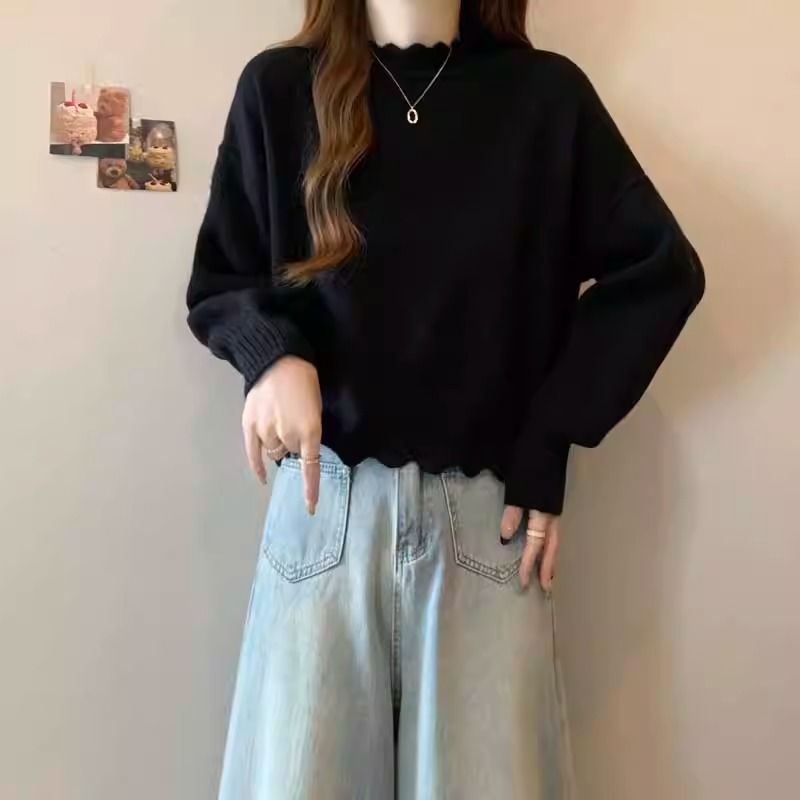 軟糯親膚法式氛圍花邊半高領半高領短款針織打底衫