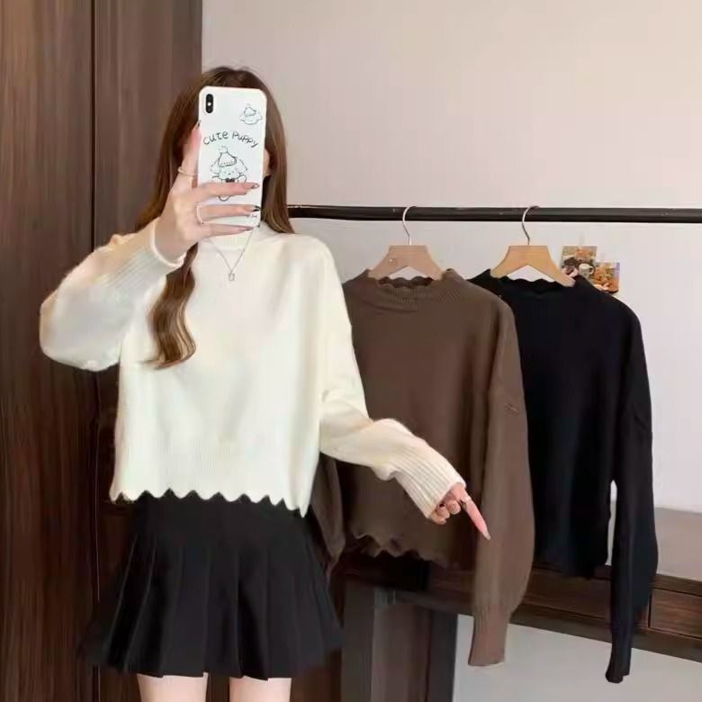 軟糯親膚法式氛圍花邊半高領半高領短款針織打底衫