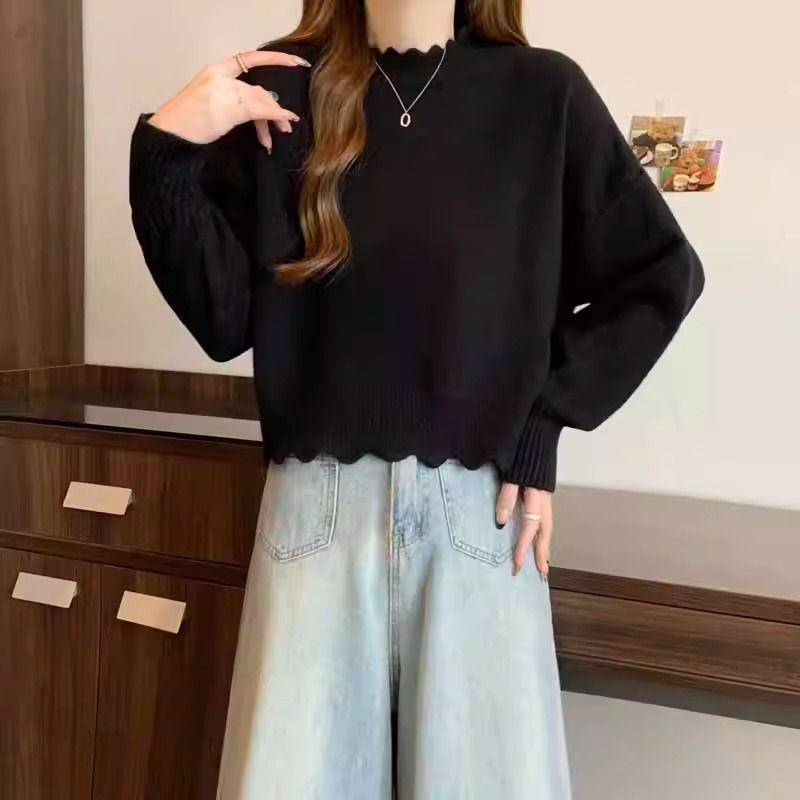 軟糯親膚法式氛圍花邊半高領半高領短款針織打底衫