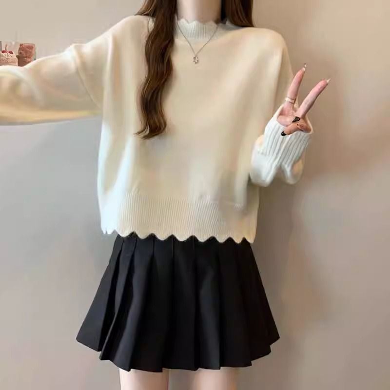 軟糯親膚法式氛圍花邊半高領半高領短款針織打底衫