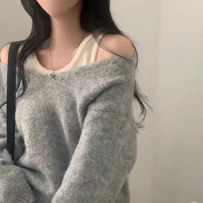 【兩件套】韓版ins簡約軟糯慵懶風疊穿內搭針織背心+正肩軟糯寬鬆針織衫套裝