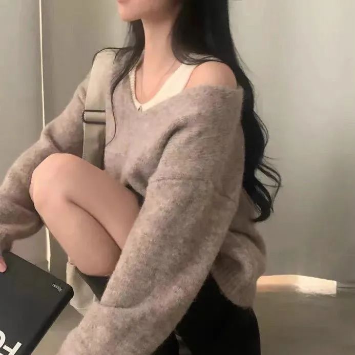 【兩件套】韓版ins簡約軟糯慵懶風疊穿內搭針織背心+正肩軟糯寬鬆針織衫套裝