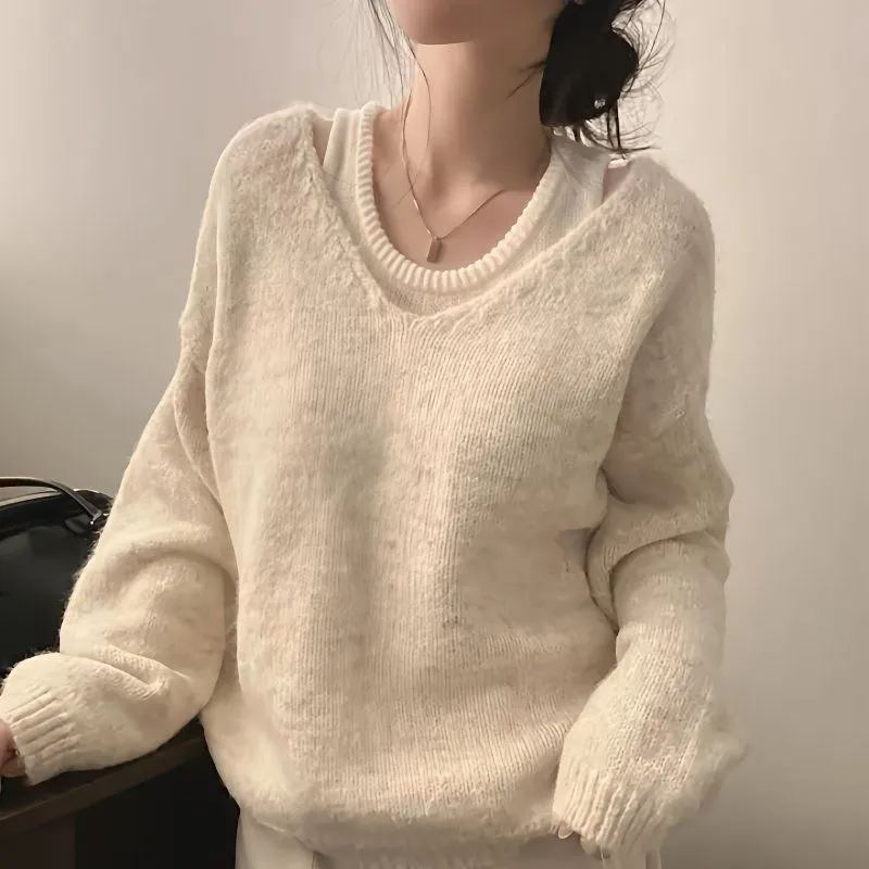 【兩件套】韓版ins簡約軟糯慵懶風疊穿內搭針織背心+正肩軟糯寬鬆針織衫套裝