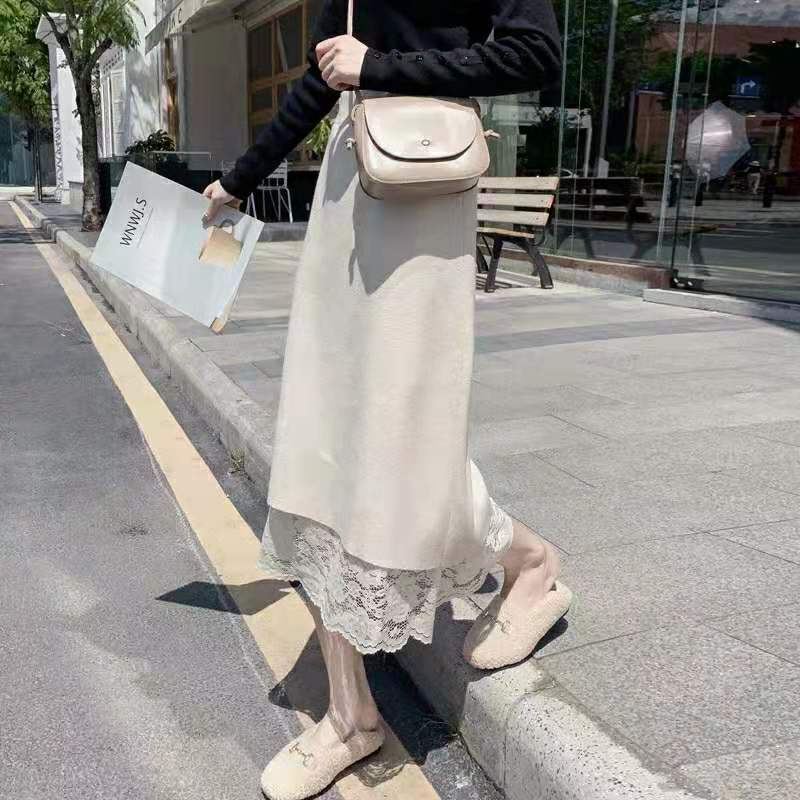 精緻蕾絲高級百搭兩面穿A字包臀高腰針織半身裙