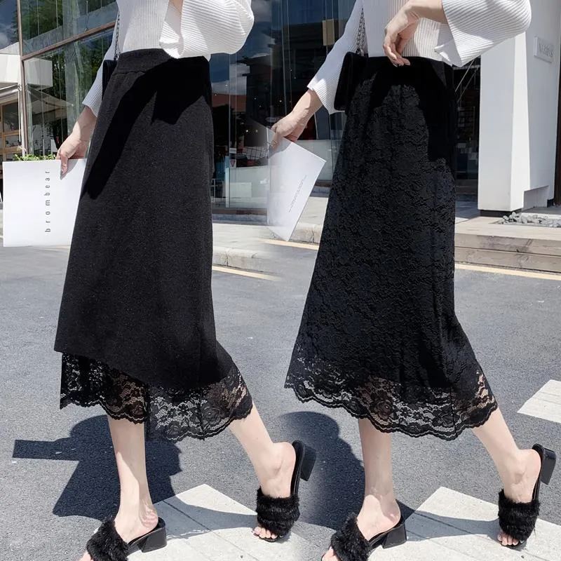 精緻蕾絲高級百搭兩面穿A字包臀高腰針織半身裙