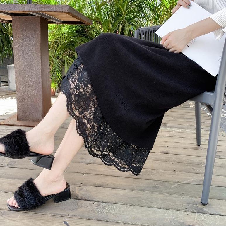 精緻蕾絲高級百搭兩面穿A字包臀高腰針織半身裙