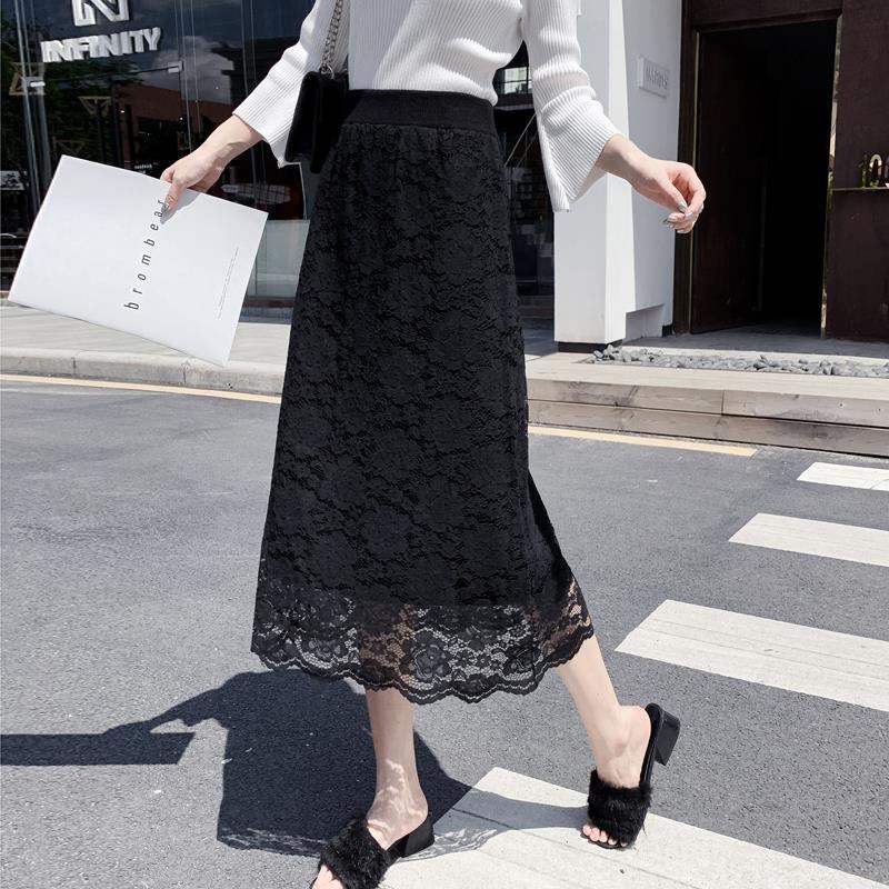 精緻蕾絲高級百搭兩面穿A字包臀高腰針織半身裙