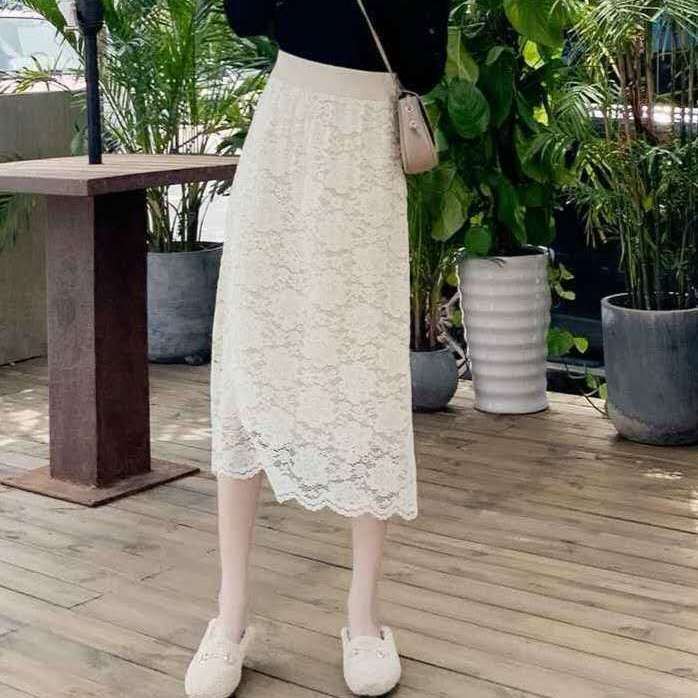 精緻蕾絲高級百搭兩面穿A字包臀高腰針織半身裙