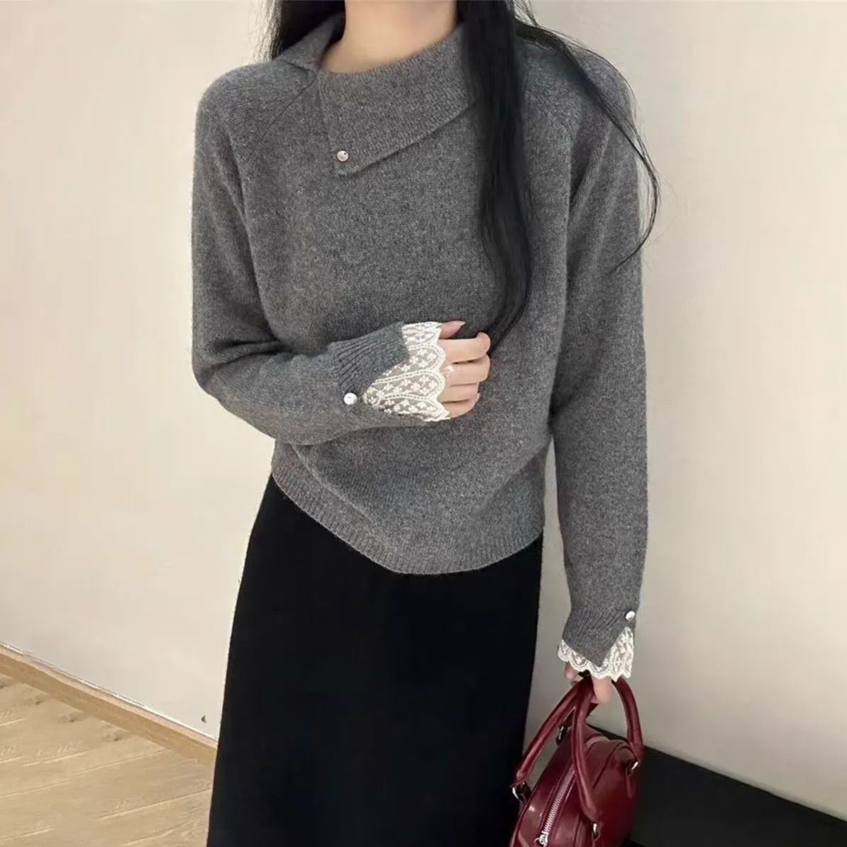 高級簡約珍珠蕾絲邊翻領軟糯針織打底衫