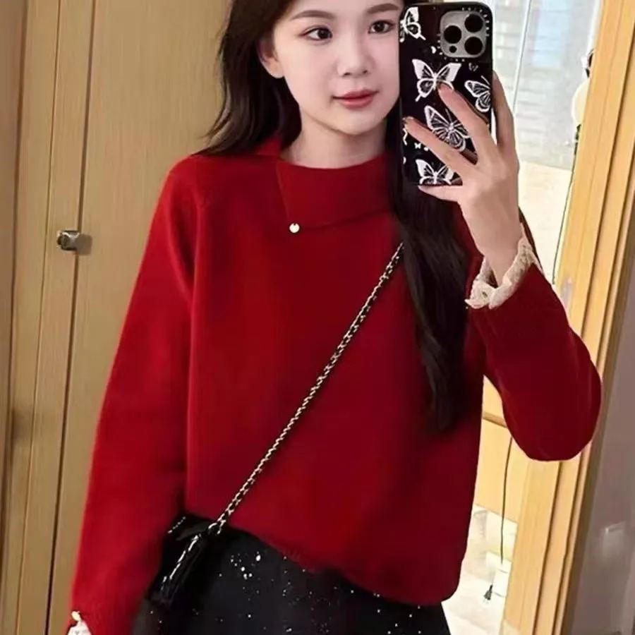 高級簡約珍珠蕾絲邊翻領軟糯針織打底衫