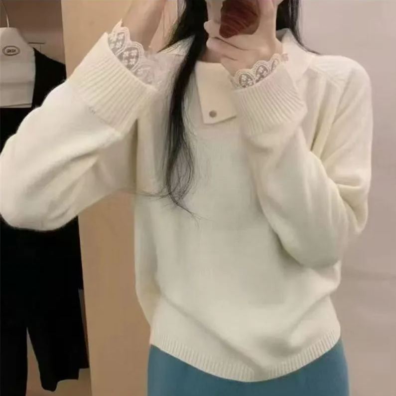 高級簡約珍珠蕾絲邊翻領軟糯針織打底衫