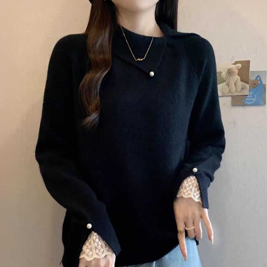 高級簡約珍珠蕾絲邊翻領軟糯針織衫