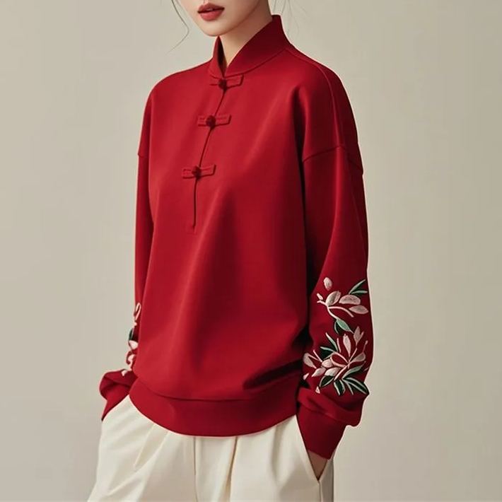 新中式國風盤扣刺繡立領德絨長袖