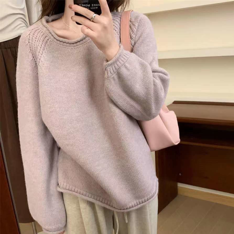 韓系卷边簡約慵懒风宽松顯瘦针织衫