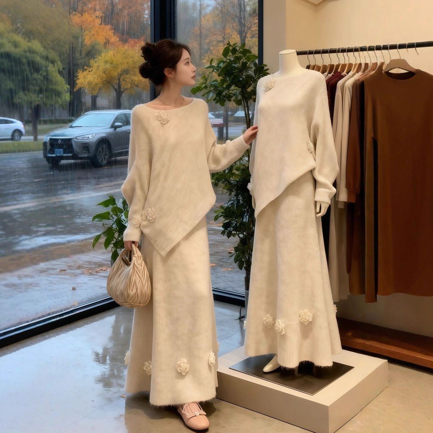 【整套】不規則花朵小香風千金禦姐毛衫+氣質連衣裙兩件套