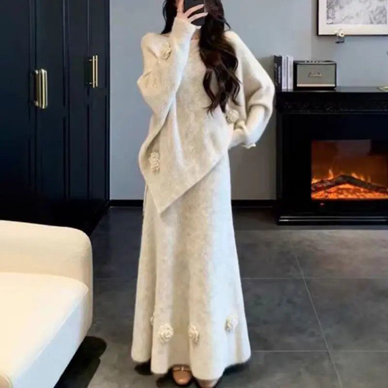 【整套】不規則花朵小香風千金禦姐毛衫+氣質連衣裙兩件套