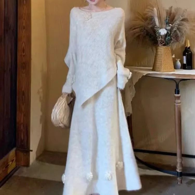 【整套】不規則花朵小香風千金禦姐毛衫+氣質連衣裙兩件套