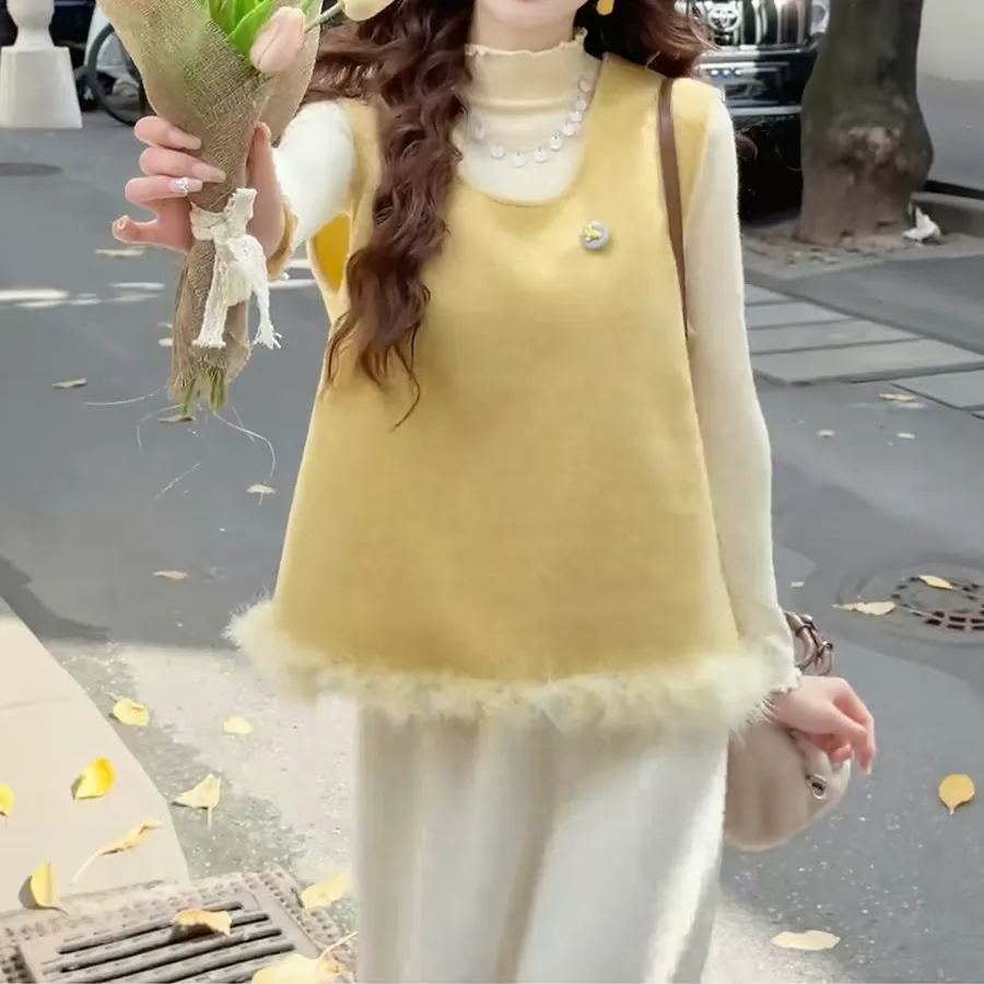 【單件/套裝】鹽系輕熟舒適打底衫+百搭小清新馬甲+高腰顯瘦半身裙三件套