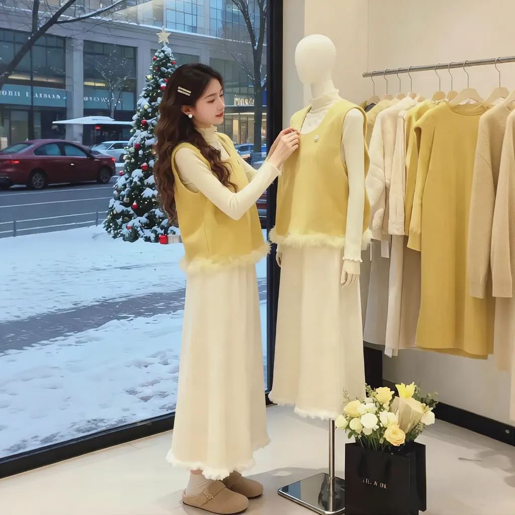 【單件/套裝】鹽系輕熟舒適打底衫+百搭小清新馬甲+高腰顯瘦半身裙三件套