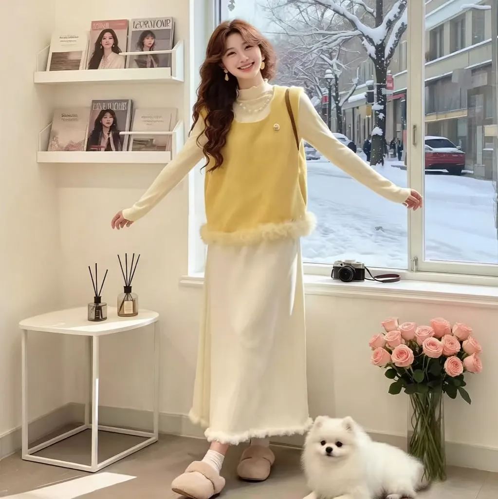 【單件/套裝】鹽系輕熟舒適打底衫+百搭小清新馬甲+高腰顯瘦半身裙三件套