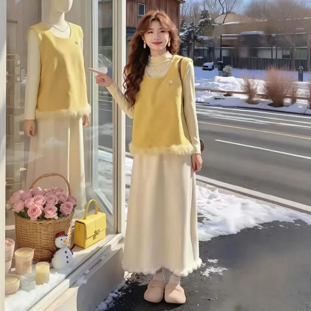 【單件/套裝】鹽系輕熟舒適打底衫+百搭小清新馬甲+高腰顯瘦半身裙三件套