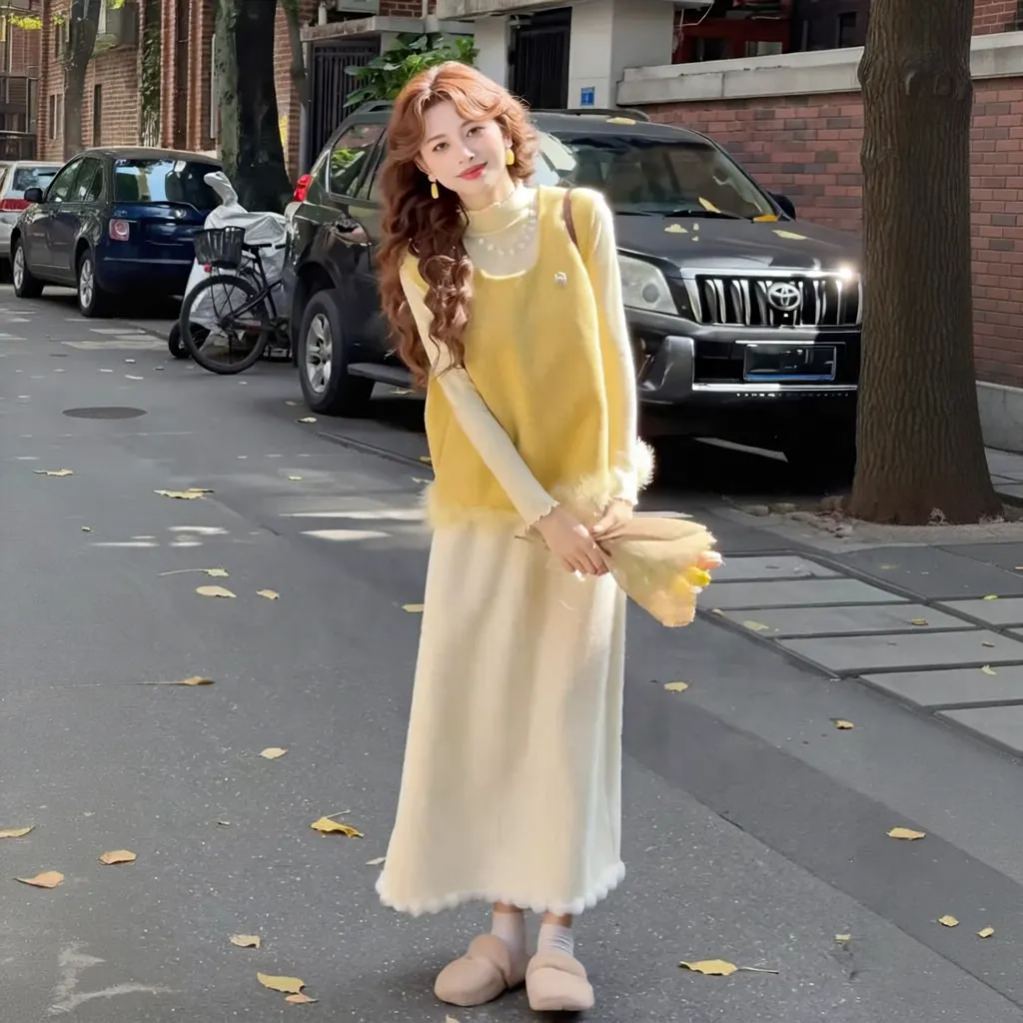 【單件/套裝】鹽系輕熟舒適打底衫+百搭小清新馬甲+高腰顯瘦半身裙三件套