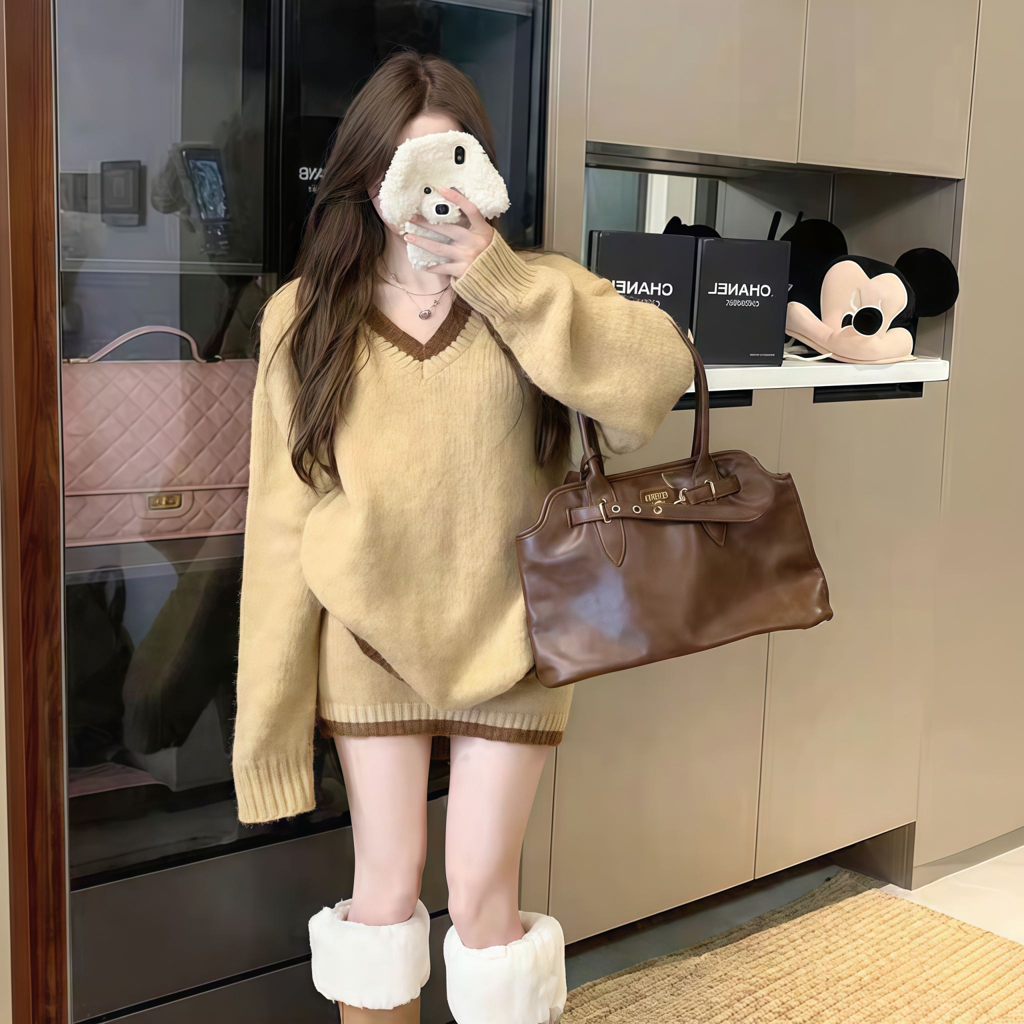 【整套】美拉德氛圍感小香風寬鬆毛衣+韓系辣妹包臀短裙兩件套