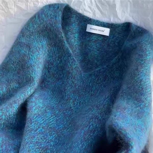 高級感減齡花紗寬鬆大碼V領針織衫