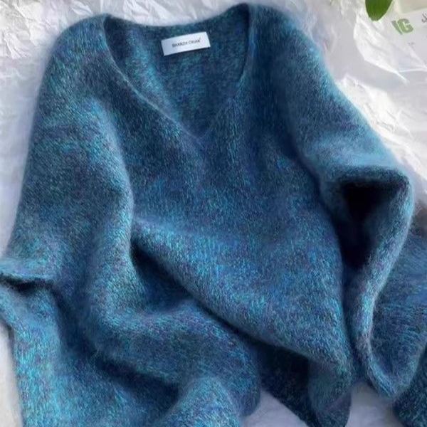 高級感減齡花紗寬鬆大碼V領針織衫