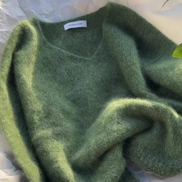 高級感減齡花紗寬鬆大碼V領針織衫