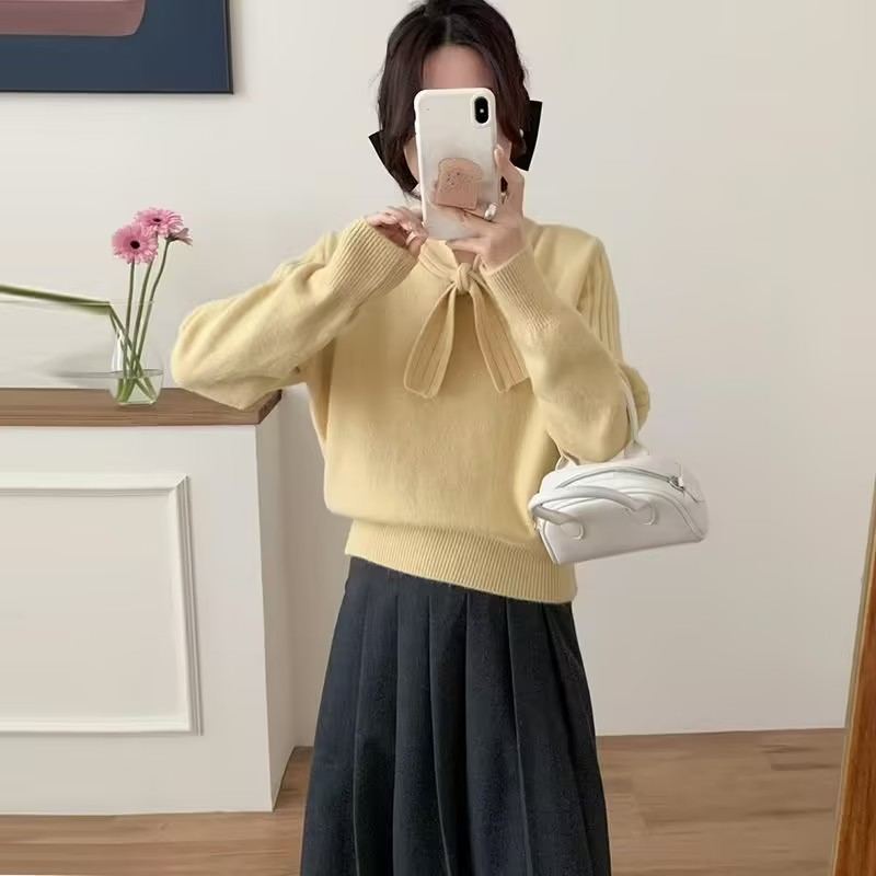 新款小香風立體蝴蝶結溫柔軟糯百搭針織衫