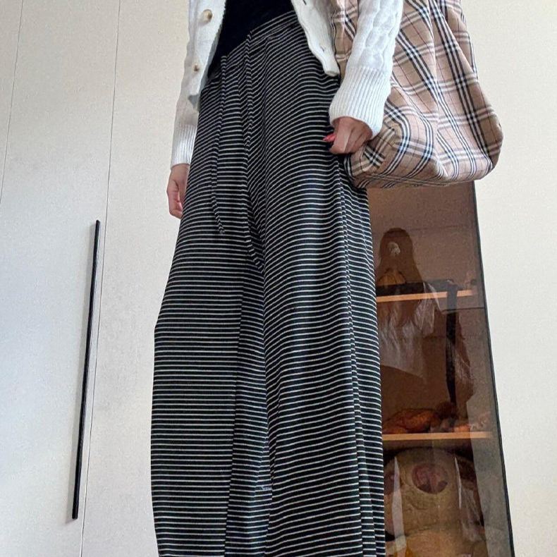 糯米垂感高腰慵懒显瘦條紋闊腿褲