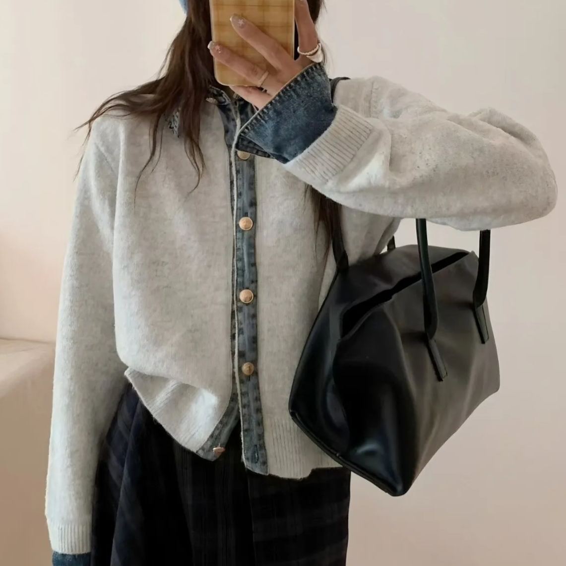 韓系設計感時尚牛仔拼接寬鬆針織開衫