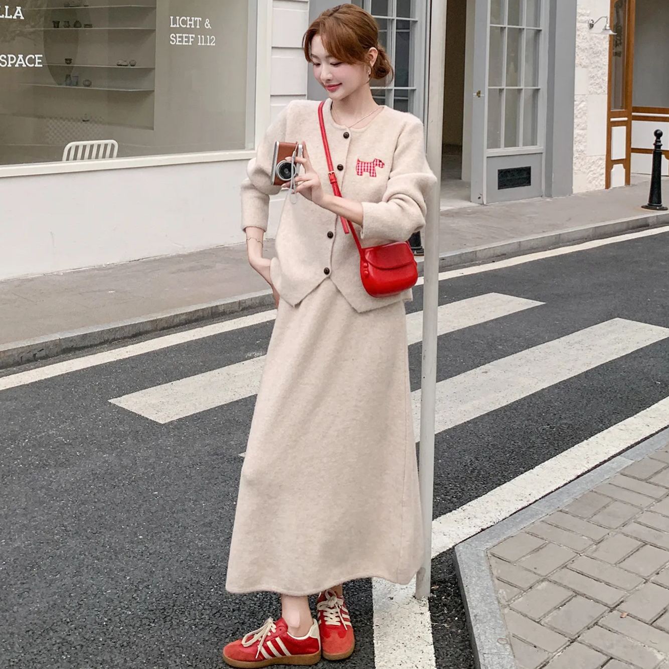 【整套】韓系減齡圓領學院風針織開衫+半身裙兩件套裝