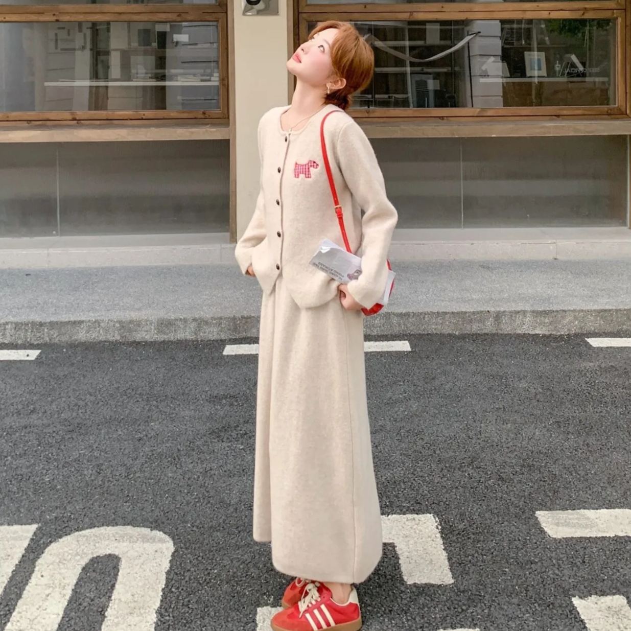 【整套】韓系減齡圓領學院風針織開衫+半身裙兩件套裝