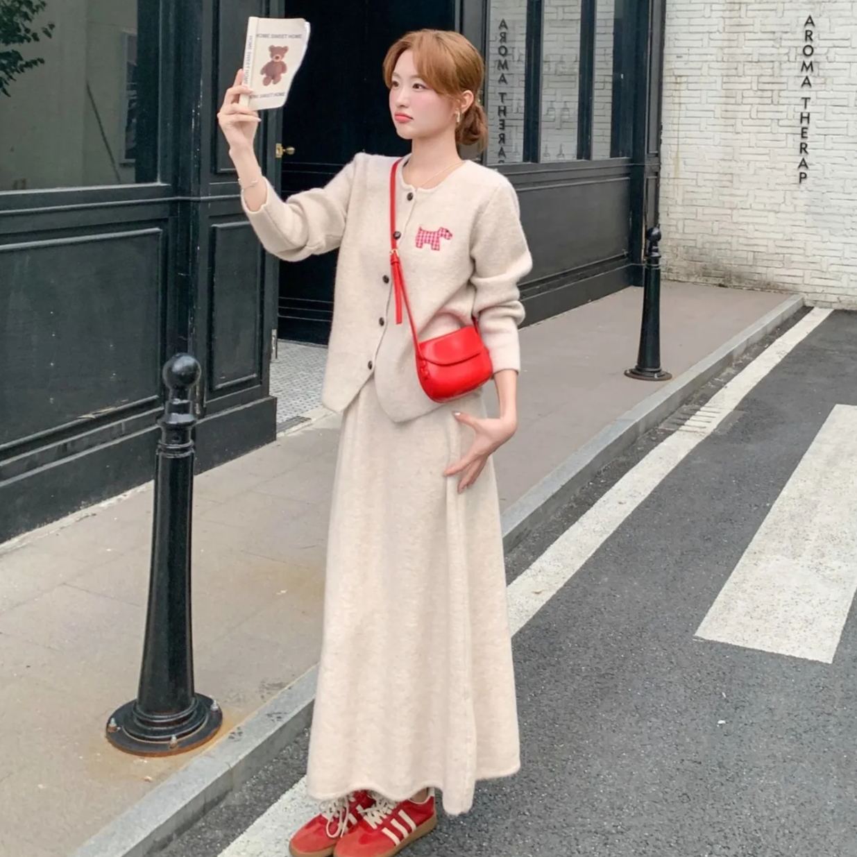 【整套】韓系減齡圓領學院風針織開衫+半身裙兩件套裝