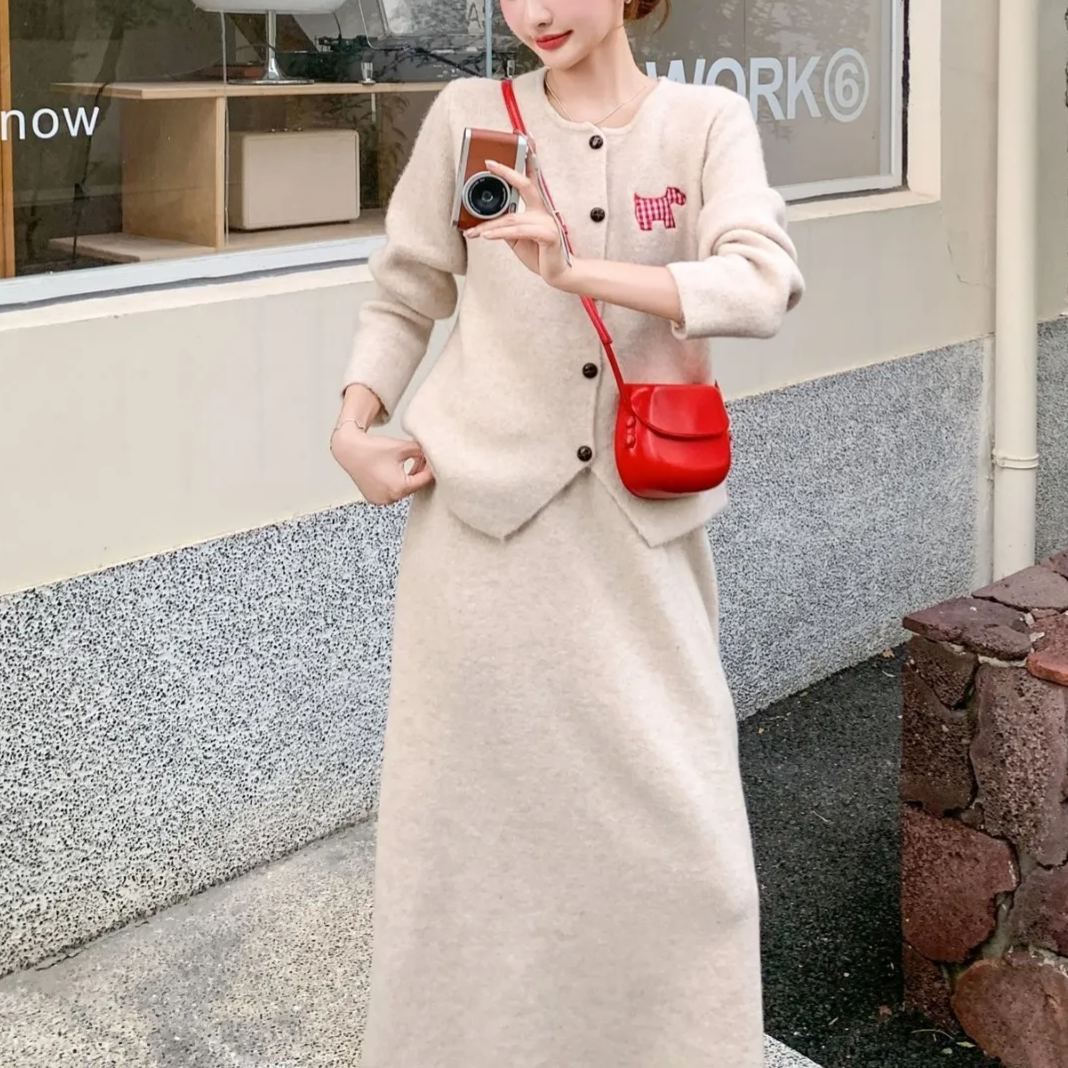 【整套】韓系減齡圓領學院風針織開衫+半身裙兩件套裝