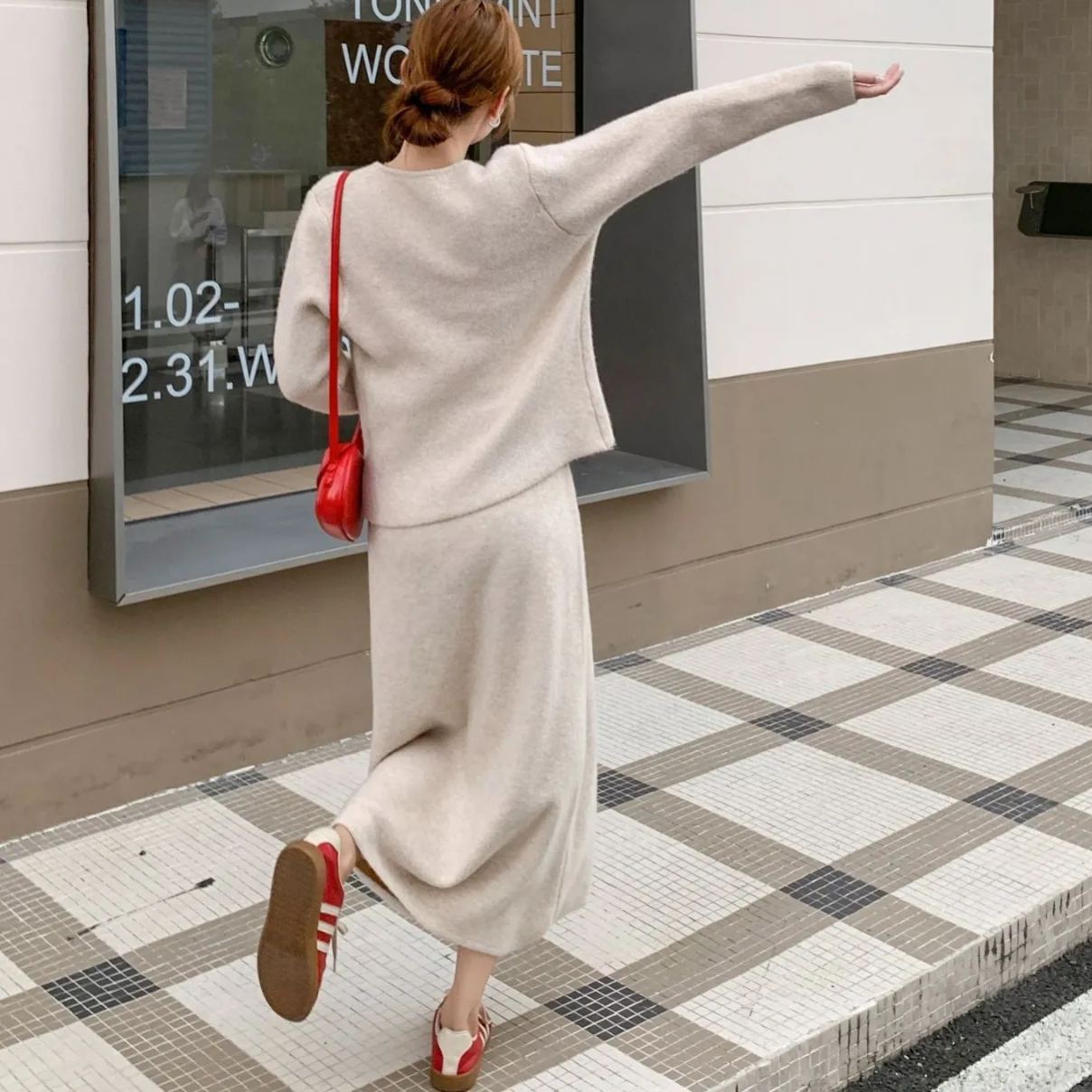 【整套】韓系減齡圓領學院風針織開衫+半身裙兩件套裝