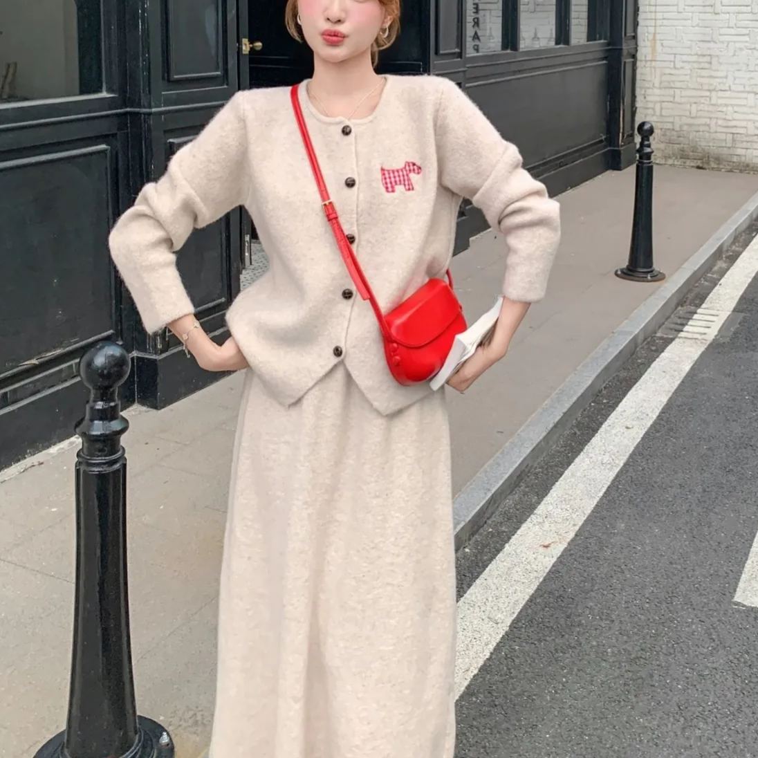 【整套】韓系減齡圓領學院風針織開衫+半身裙兩件套裝