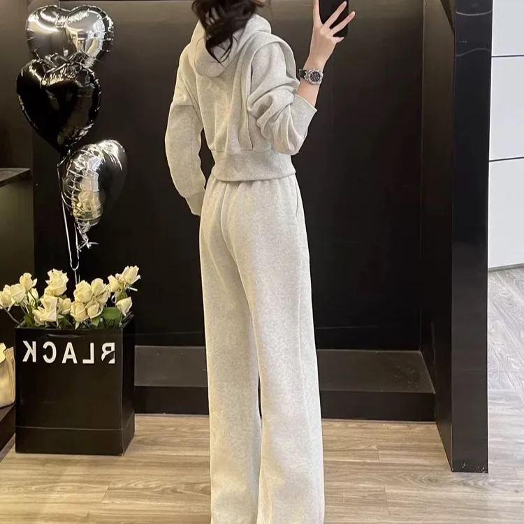 【整套】韓版大碼加絨拼接連帽衛衣+休閒褲兩件套