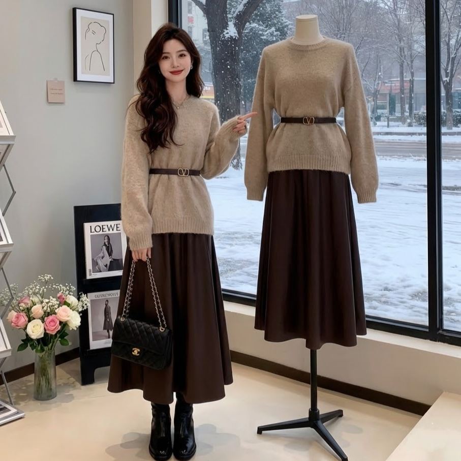 【單件/套裝】素色長袖針織衫+高腰半身裙兩件套