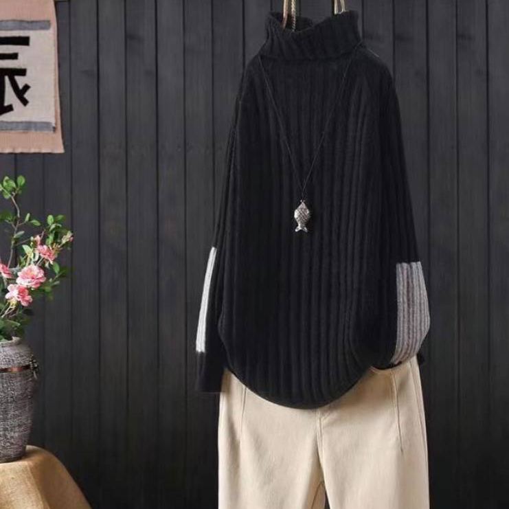 多色寬鬆高領休閒加厚拼色針織衫