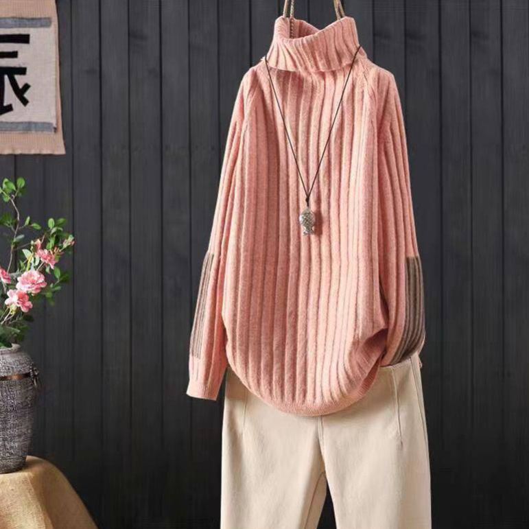 多色寬鬆高領休閒加厚拼色針織衫