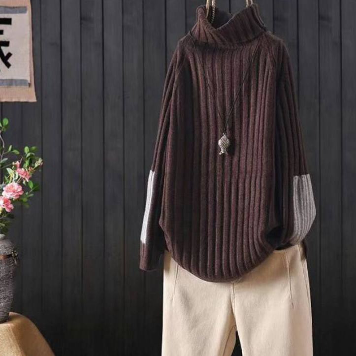 多色寬鬆高領休閒加厚拼色針織衫